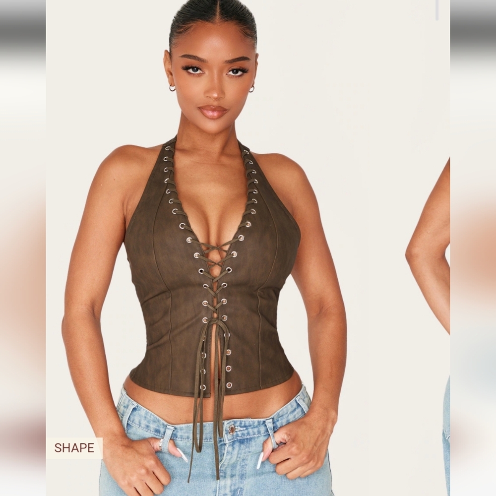 #123 NWT PLT Olive Washed Faux Leather Neck Lace Up Corset Can Adjust Diff Sizes